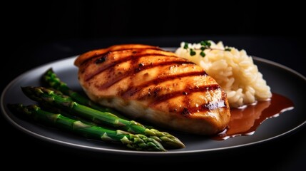 grilled chicken fillet with grill marks and a caramelized glaze, served with risotto and asparagus - obrazy, fototapety, plakaty