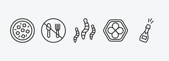 food outline icons set. food icons such as mapo tofu, no eating, worms, king cake, champagne bottle vector. can be used web and mobile.