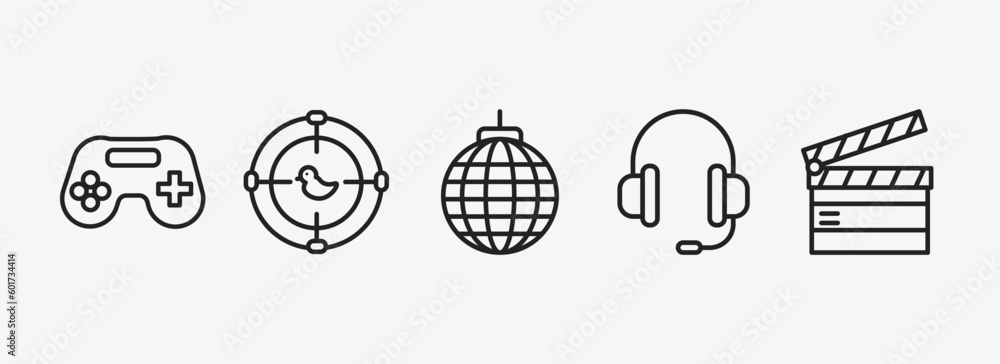 Poster arcade outline icons set. arcade icons such as game console, shoot duck, disco, earphone, clapboard 