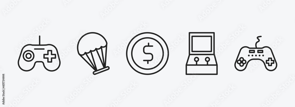 Poster arcade outline icons set. arcade icons such as joystick, paraplane, token, game hine, controller vec