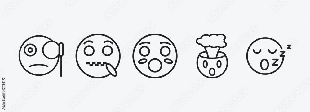 Poster emoji outline icons set. emoji icons such as monocle emoji, secret hushed exploding head sleep vecto