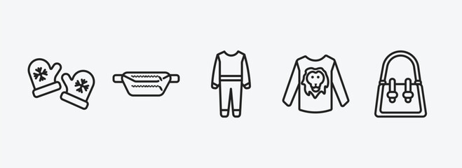fashion outline icons set. fashion icons such as pair of mittens, belt pouch, working coverall, man printing, handbag elegant de vector. can be used web and mobile.