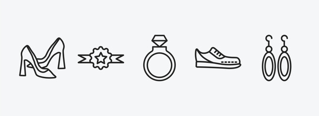 fashion outline icons set. fashion icons such as high heel shoes, medal with a star, fiance, gym shoes, accesory vector. can be used web and mobile.