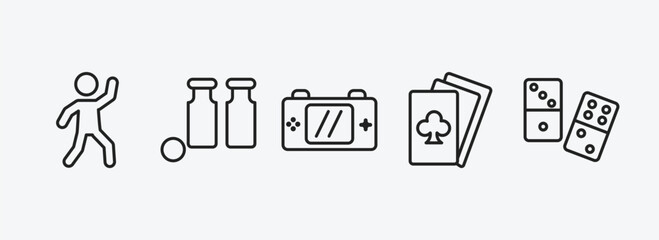 arcade outline icons set. arcade icons such as dance, bottles ball, handheld game, gambler, domino vector. can be used web and mobile.
