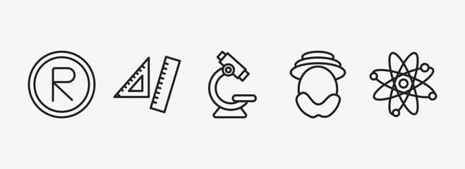 education outline icons set. education icons such as registered, rulers, microscope, robinson crusoe, physics vector. can be used web and mobile.