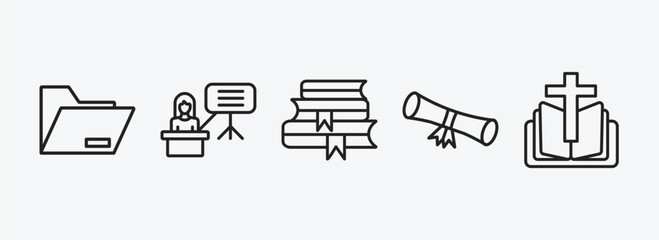 literature outline icons set. literature icons such as open file, teacher giving lecture, stack of books, diploma roll, bible vector. can be used web and mobile.