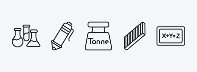education outline icons set. education icons such as chemical test tube, ballpoint pen, tonne, blackboard eraser, equation vector. can be used web and mobile.