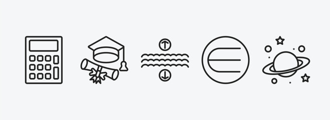 education outline icons set. education icons such as school calculator, college graduation, archimedes principle, is an element of, planet saturn vector. can be used web and mobile. - obrazy, fototapety, plakaty