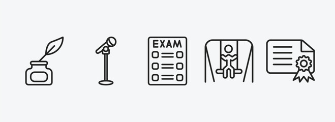 education outline icons set. education icons such as ink, microphone with stand, final test, swinging, diploma with seal vector. can be used web and mobile.