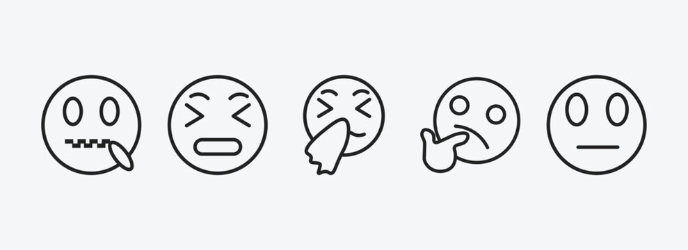 emoji outline icons set. emoji icons such as muted emoji, stress sneezing wondering suspicious vector. can be used web and mobile.