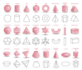 Set of vector realistic 3D pink geometric shapes isolated on white background. Mathematics of geometric shapes, linear objects, contours. Platonic solid. Icons, logos for education, business, design
