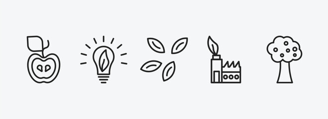 ecology outline icons set. ecology icons such as half, eco bulb, seeds, sustainable factory, fruit tree vector. can be used web and mobile.