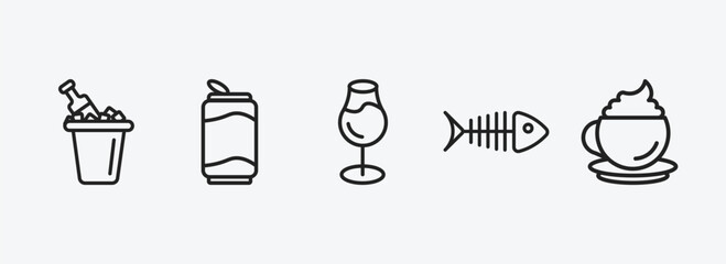 drinks outline icons set. drinks icons such as ice bucket and bottle, soda can, glass with wine, fish skeleton, cappuccino vector. can be used web and mobile.