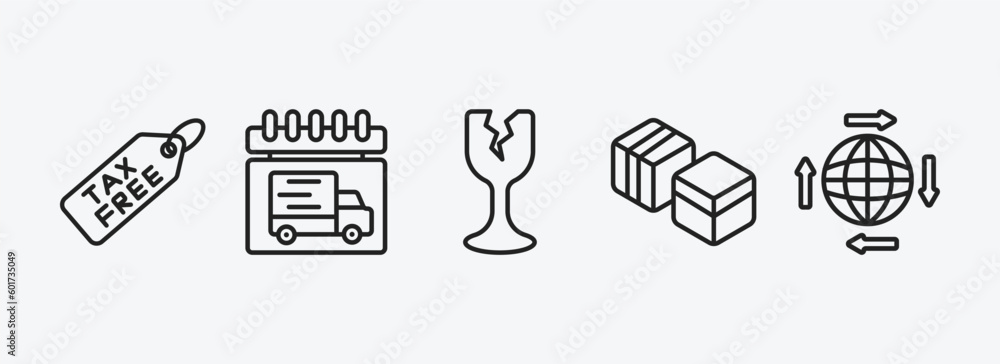 Poster delivery and logistic outline icons set. delivery and logistic icons such as tax free, delivery day,