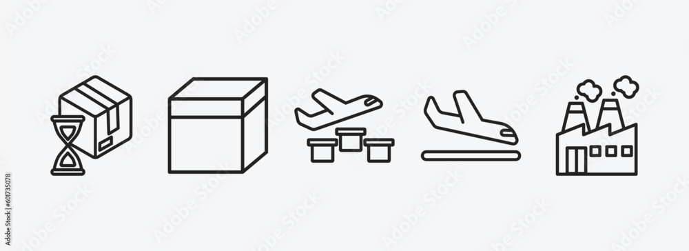 Poster delivery and logistic outline icons set. delivery and logistic icons such as wait time, package, del