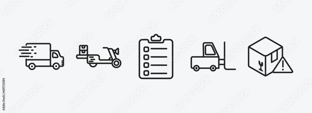 Poster delivery and logistic outline icons set. delivery and logistic icons such as fast delivery, scooter 