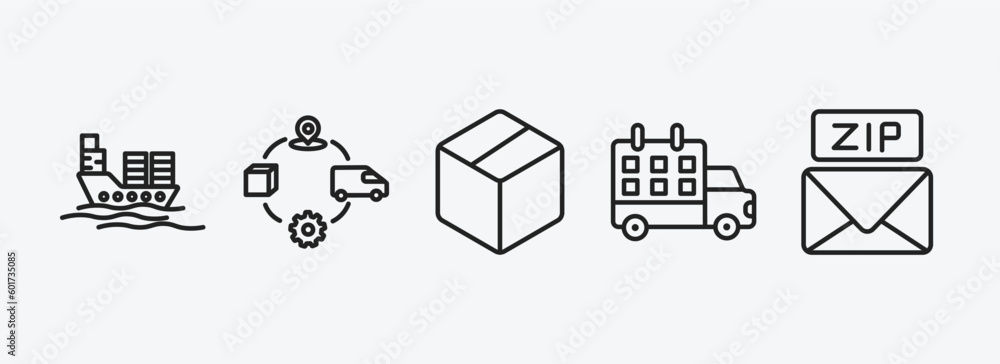 Poster delivery and logistic outline icons set. delivery and logistic icons such as logistic ship, supply c