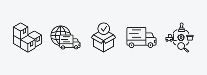 delivery and logistic outline icons set. delivery and logistic icons such as packages, worldwide delivery, package checking, transportation, logistics vector. can be used web and mobile.
