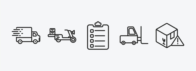 delivery and logistic outline icons set. delivery and logistic icons such as fast delivery, scooter clipboard, forklift, warning vector. can be used web and mobile.