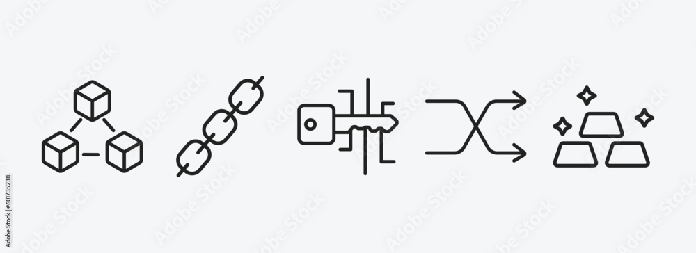 Poster cryptocurrency outline icons set. cryptocurrency icons such as blockchain, chains, digital key, rand