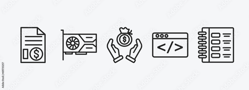 Poster cryptocurrency outline icons set. cryptocurrency icons such as invoice, vga card, saving, programmin