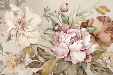 delicate summer watercolor seamless background leaf wallpaper peony illustration flower design. Generative AI.