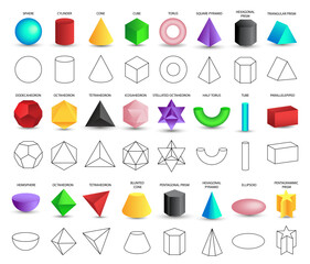 Fototapeta na wymiar Set of vector realistic 3D colorful geometric shapes isolated on white background. Mathematics of geometric shapes, linear objects, contours. Platonic solid. Icons, logos for education, design