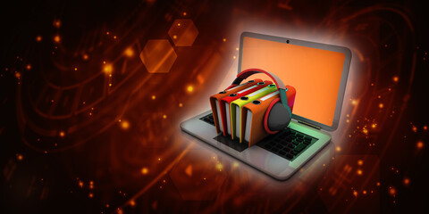 3d rendering office document Binder with headphone on laptop