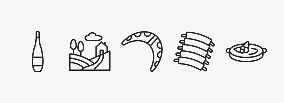 culture outline icons set. culture icons such as orujo, tuscany, australian boomerang, pork ribs, crema catalana vector. can be used web and mobile.