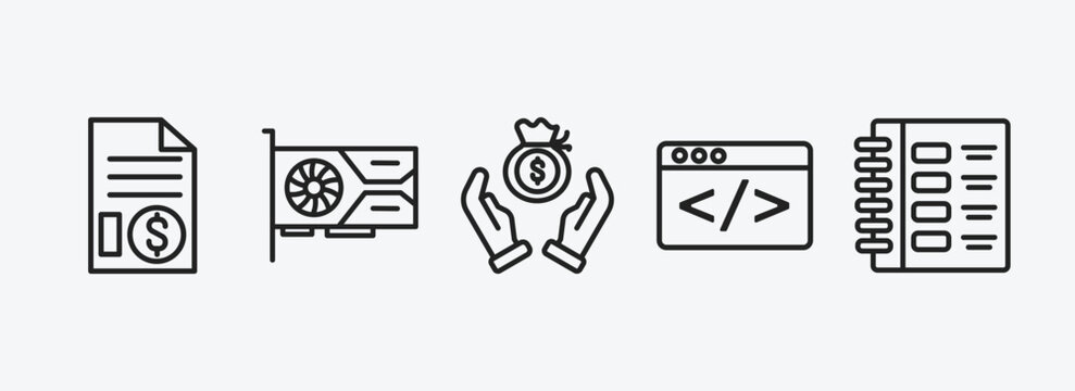 cryptocurrency outline icons set. cryptocurrency icons such as invoice, vga card, saving, programming, ledger vector. can be used web and mobile.