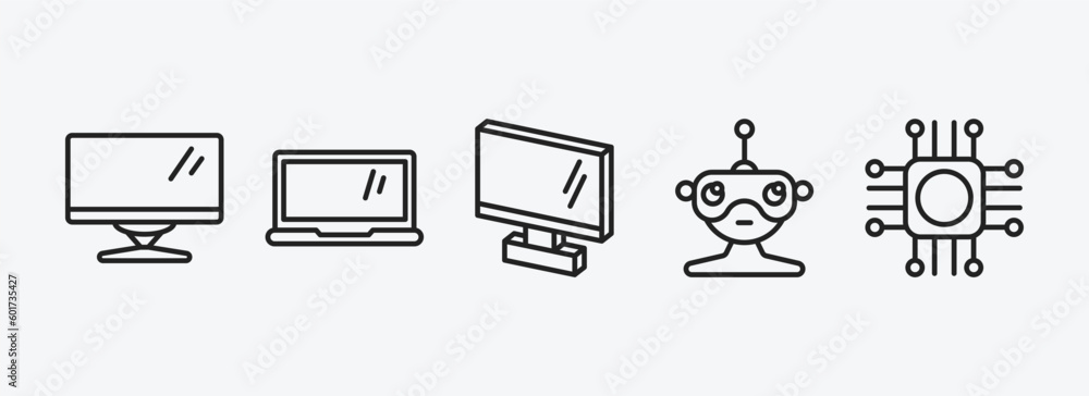 Poster computer outline icons set. computer icons such as computer monitor, laptop screen, 3d screen, robot