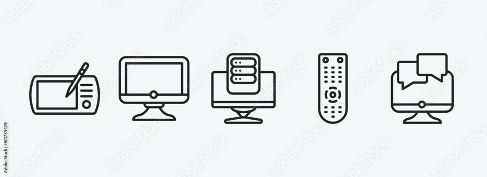Aufkleber computer outline icons set. computer icons such as tablet tool, full computer, pc storage, tv remote