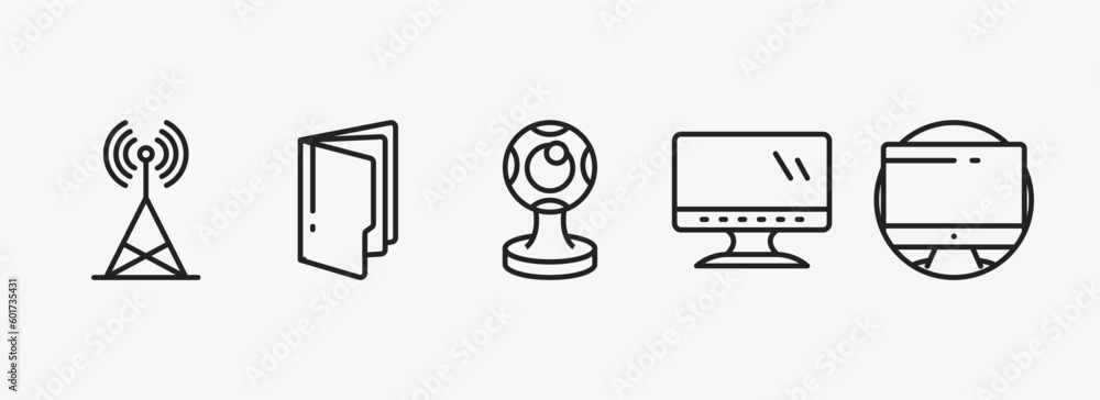 Poster computer outline icons set. computer icons such as telecommunications, computer folder, round webcam