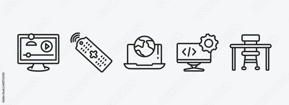 Poster computer outline icons set. computer icons such as video lecture, tv controller, surfing the net, de