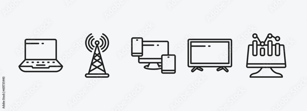 Poster computer outline icons set. computer icons such as widescreen laptop, wireless connectivity, respons