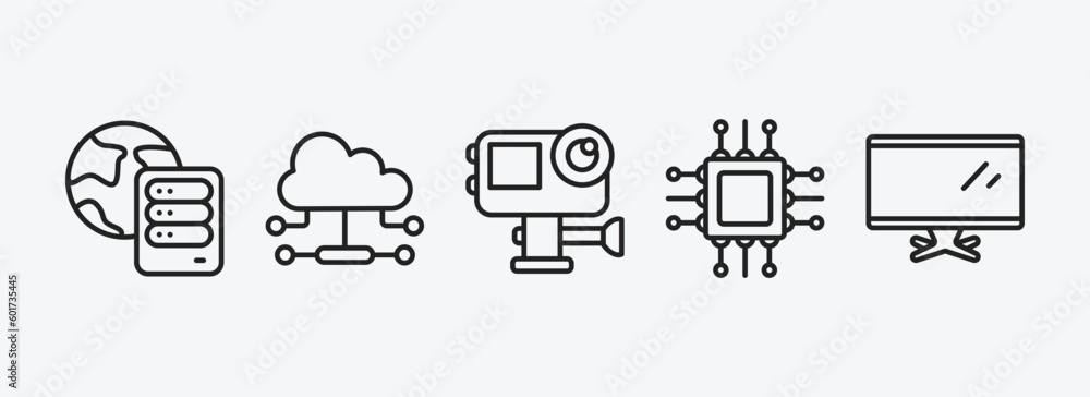 Poster computer outline icons set. computer icons such as internet server, cloud network, action camera, co