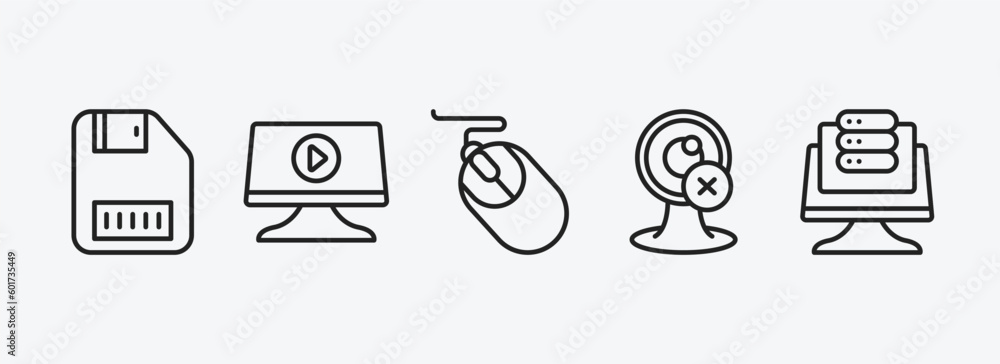 Poster computer outline icons set. computer icons such as save file, computer video, mouse device, webcam d
