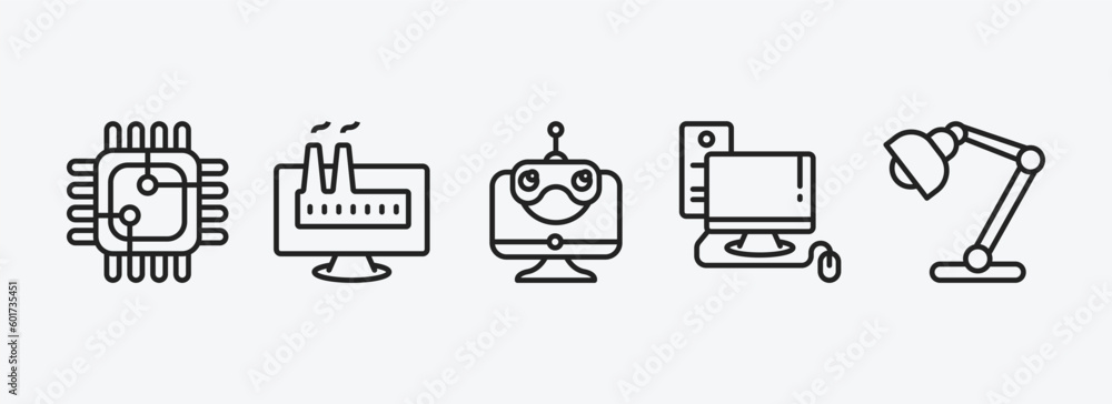 Poster computer outline icons set. computer icons such as square chip, industrial, robotic, computer, study