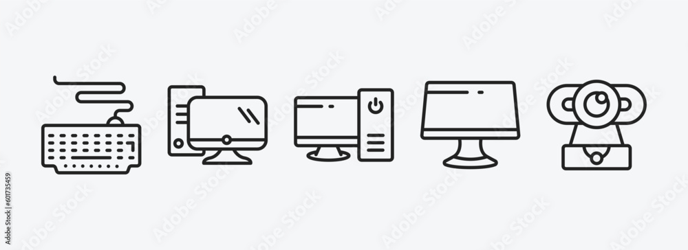 Poster computer outline icons set. computer icons such as keyboard with cable, pc with monitor, work statio