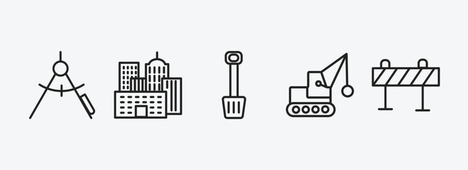 construction outline icons set. construction icons such as drawing compass, , inclined shovel, demolition, road barrier vector. can be used web and mobile.