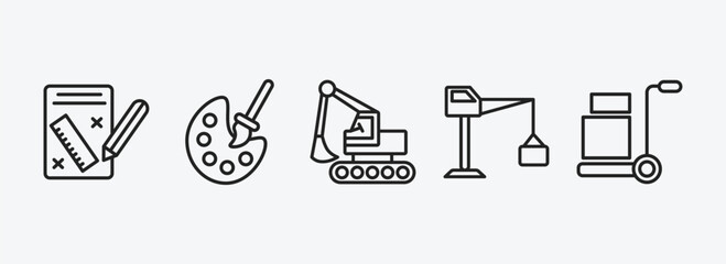 construction outline icons set. construction icons such as measures plan, pallete, backhoes, big derrick with boxes, trolley with cargo vector. can be used web and mobile.