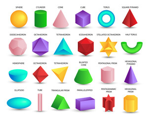 Vector realistic 3D blue geometric shapes isolated on white background. Maths geometrical figure form, realistic shapes model. Platon solid. Geometric shapes icons for education, business, design.