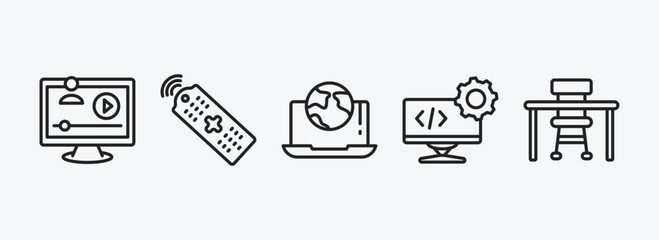 computer outline icons set. computer icons such as video lecture, tv controller, surfing the net, develope, school desk vector. can be used web and mobile.