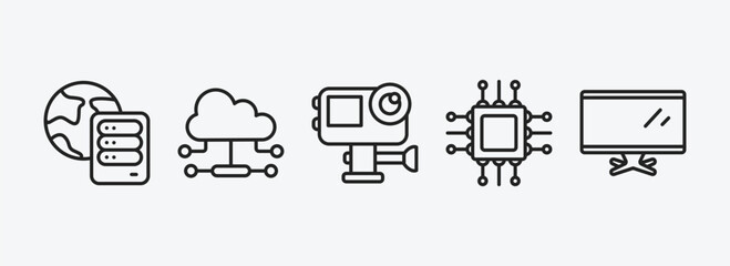 computer outline icons set. computer icons such as internet server, cloud network, action camera, computer micro chip, tv screen vector. can be used web and mobile.