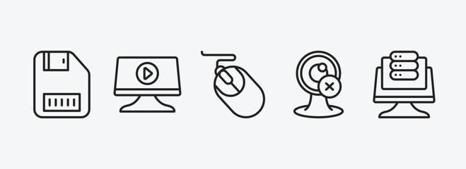 computer outline icons set. computer icons such as save file, computer video, mouse device, webcam disconnected, data page vector. can be used web and mobile.