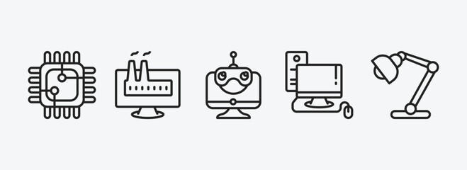 computer outline icons set. computer icons such as square chip, industrial, robotic, computer, study lamp vector. can be used web and mobile.
