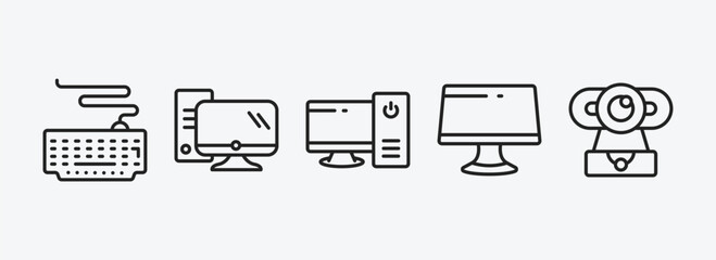 computer outline icons set. computer icons such as keyboard with cable, pc with monitor, work station, computers, webcamera vector. can be used web and mobile.