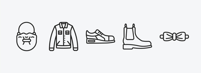 clothes outline icons set. clothes icons such as bucket bag, denim jacket, sneaker, leather chelsea boots, bow tie vector. can be used web and mobile.