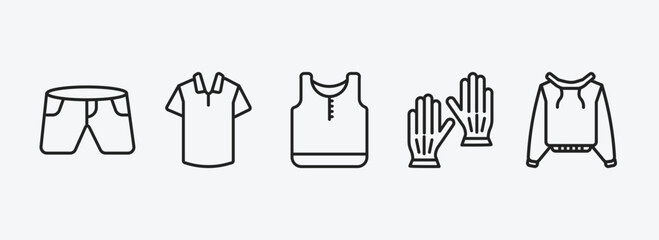 clothes outline icons set. clothes icons such as denim shorts, cotton polo shirt, tank top, leather gloves, pullover vector. can be used web and mobile.