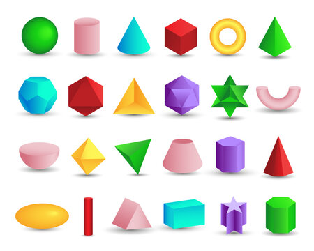 Vector realistic 3D colorful geometric shapes isolated on white background. Maths geometrical figure form, realistic shapes model. Platon solid. Geometric shapes icons for education, business, design.